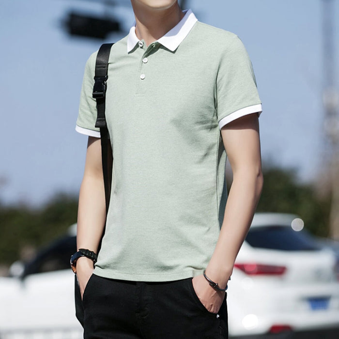 Contrast Collar Men's Polo Shirt: light pink, white short-sleeve polo shirt, minimal casual style