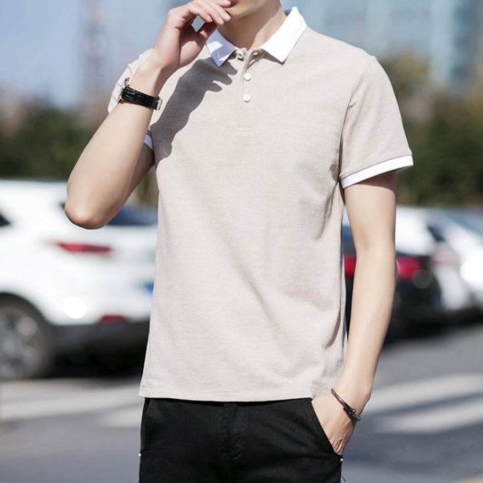 Contrast Collar Men's Polo Shirt: light pink, white short-sleeve polo shirt, minimal casual style