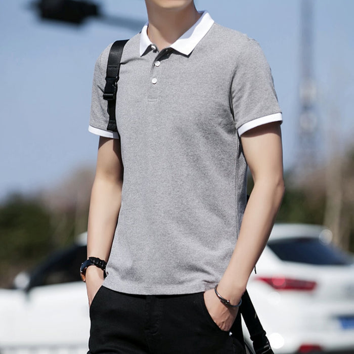 Contrast Collar Men's Polo Shirt: light pink, white short-sleeve polo shirt, minimal casual style