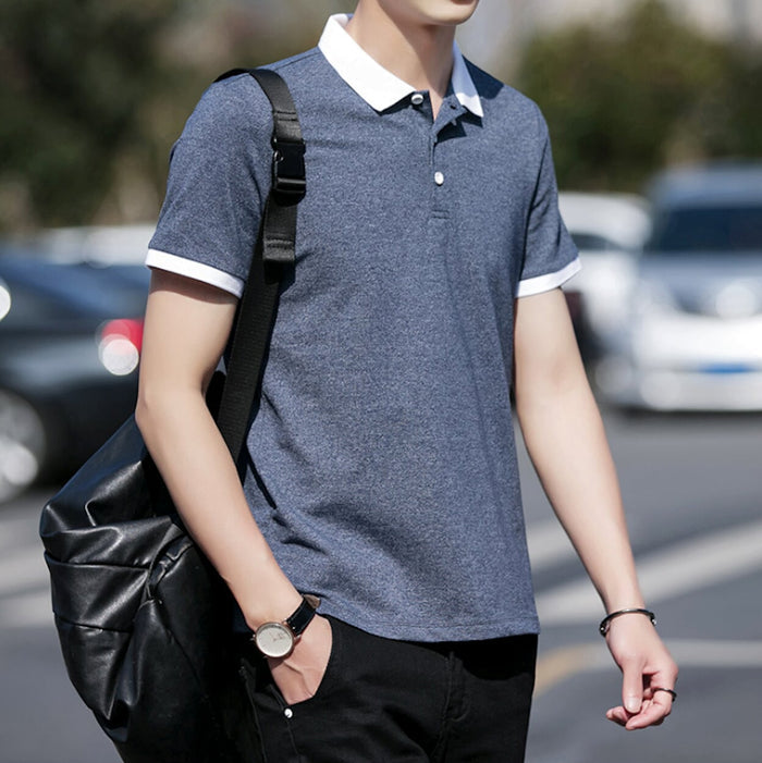 Contrast Collar Men's Polo Shirt: light pink, white short-sleeve polo shirt, minimal casual style