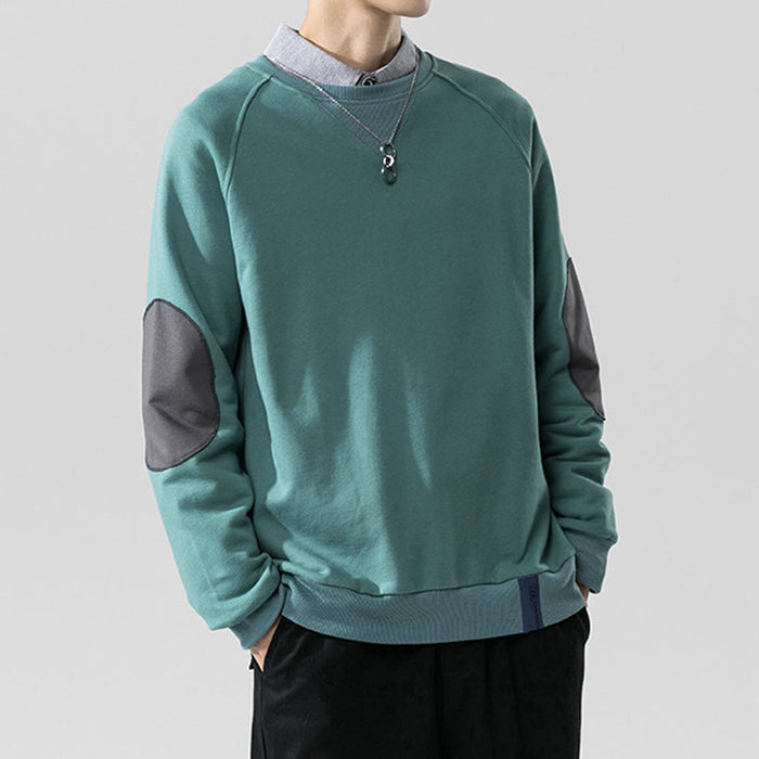 Contrasting Elbow Patch Men's Pullover: teal green, dark gray crewneck sweatshirt, minimal casual streetwear style