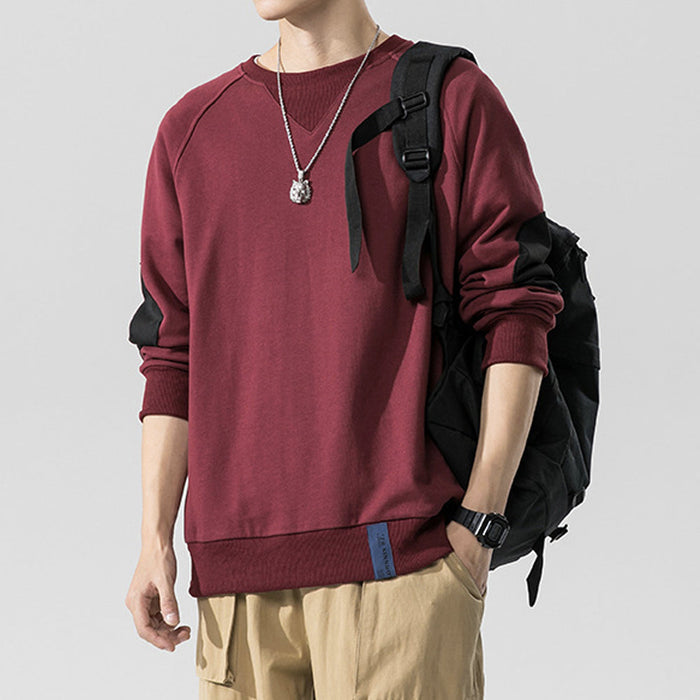 Contrasting Elbow Patch Men's Pullover: teal green, dark gray crewneck sweatshirt, minimal casual streetwear style