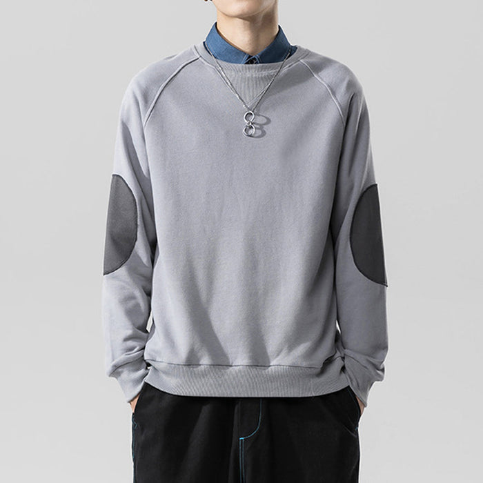 Contrasting Elbow Patch Men's Pullover: teal green, dark gray crewneck sweatshirt, minimal casual streetwear style