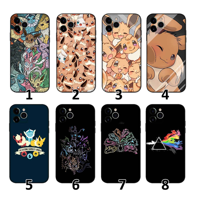 Cool Cute Phone Case with Pokemon: black, multicolor neon accents cartoon fox-like and cat-like characters, cartoon, neon lin