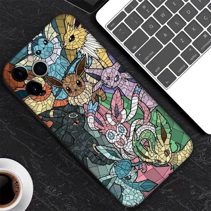 Cool Cute Phone Case with Pokemon: black, multicolor neon accents cartoon fox-like and cat-like characters, cartoon, neon lin