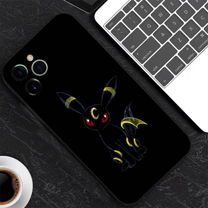 Cool Cute Phone Case with Pokemon: black, multicolor neon accents cartoon fox-like and cat-like characters, cartoon, neon lin