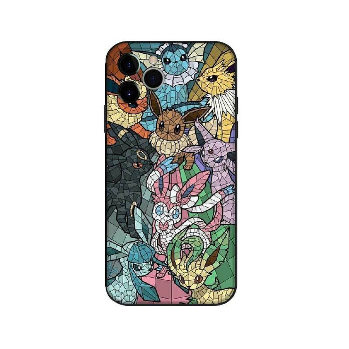Cool Cute Phone Case with Pokemon: black, multicolor neon accents cartoon fox-like and cat-like characters, cartoon, neon lin