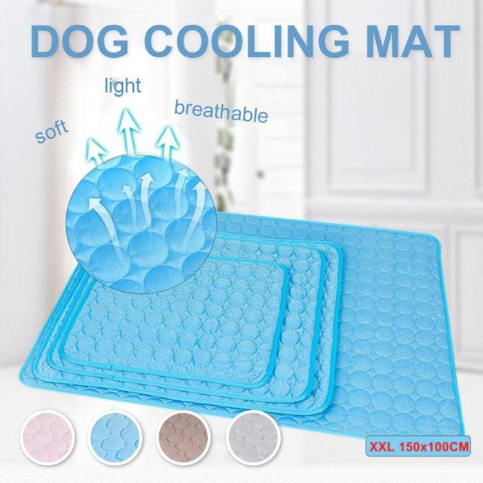 Cooling Pet Mats: bright blue, pink dog, minimal product advertisement style