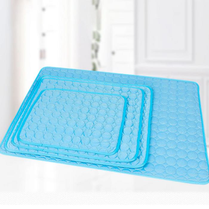 Cooling Pet Mats: bright blue, pink dog, minimal product advertisement style