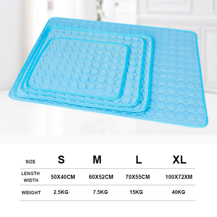 Cooling Pet Mats: bright blue, pink dog, minimal product advertisement style