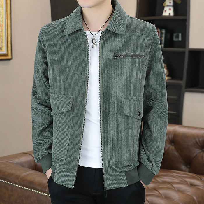 Corduroy Jacket for Men with Front Pockets: muted green-gray, black zip-front jacket, casual minimal style