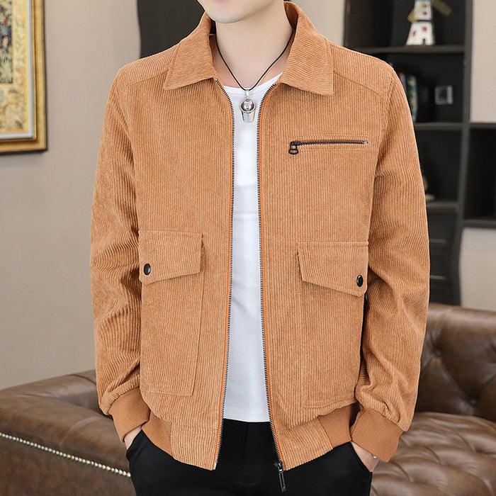 Corduroy Jacket for Men with Front Pockets: muted green-gray, black zip-front jacket, casual minimal style