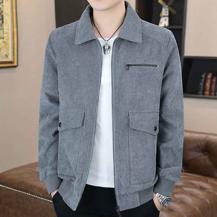 Corduroy Jacket for Men with Front Pockets: muted green-gray, black zip-front jacket, casual minimal style