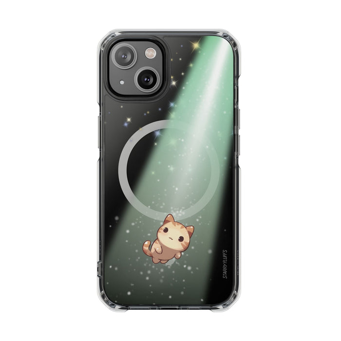 Cosmic Cat Magnetic Clear Case for iPhone by Starry Fluff: clear, black cartoon cat, kawaii cartoon style
