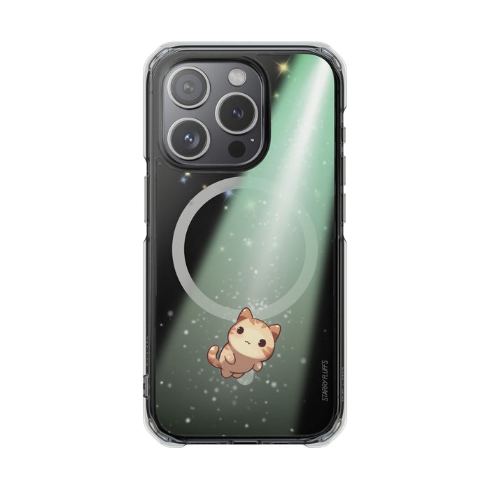 Cosmic Cat Magnetic Clear Case for iPhone by Starry Fluff: clear, black cartoon cat, kawaii cartoon style