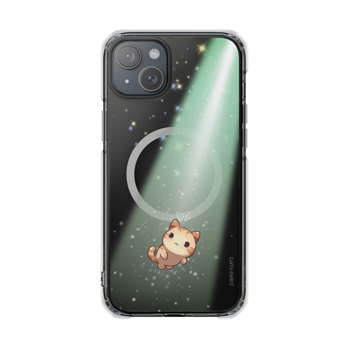 Cosmic Cat Magnetic Clear Case for iPhone by Starry Fluff: clear, black cartoon cat, kawaii cartoon style
