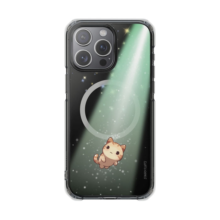 Cosmic Cat Magnetic Clear Case for iPhone by Starry Fluff: clear, black cartoon cat, kawaii cartoon style