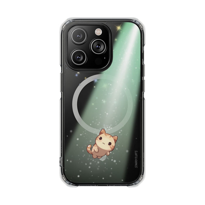 Cosmic Cat Magnetic Clear Case for iPhone by Starry Fluff: clear, black cartoon cat, kawaii cartoon style