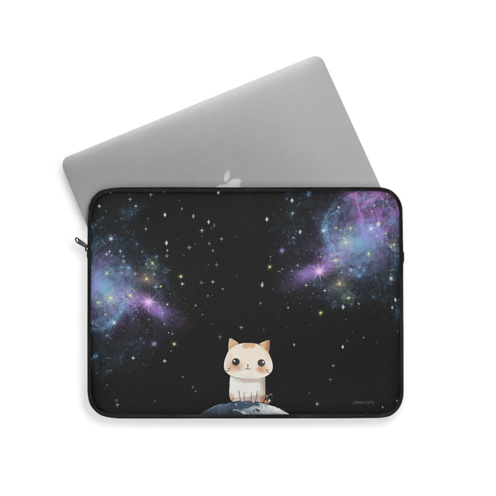 Cosmic Nebula Laptop Case by Starry Fluff: black, dark blue cartoon cat in outer space, cute cartoon space theme style