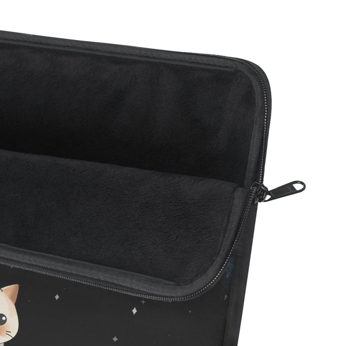 Cosmic Nebula Laptop Case by Starry Fluff: black, dark blue cartoon cat in outer space, cute cartoon space theme style