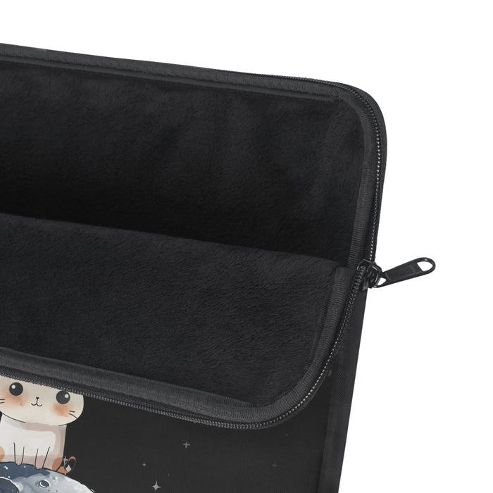 Cosmic Nebula Laptop Case by Starry Fluff: black, dark blue cartoon cat in outer space, cute cartoon space theme style