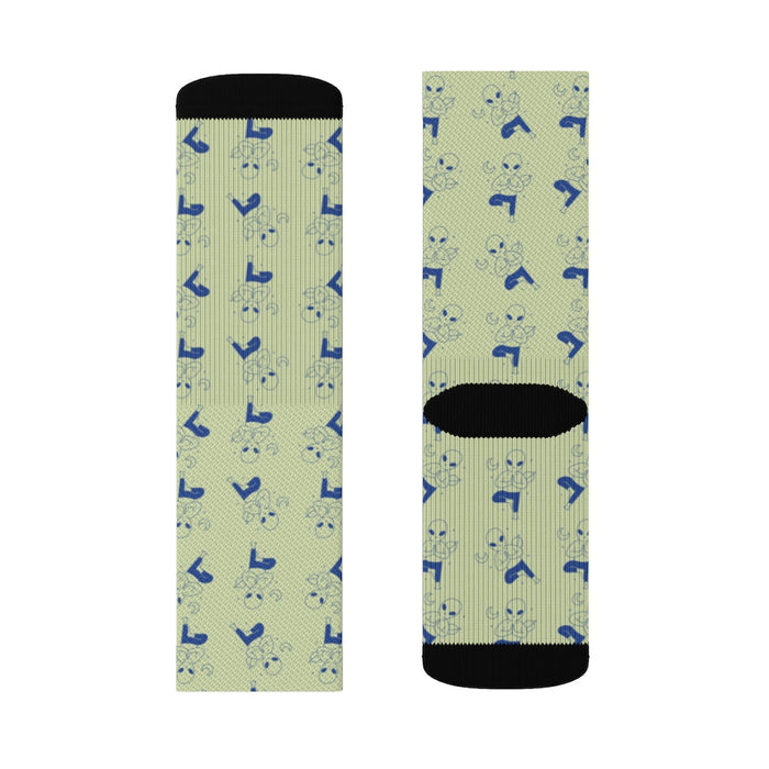 Cosmic Yoga Footwear: light olive green, blue small cartoon animal-like figures, cartoon patterned style