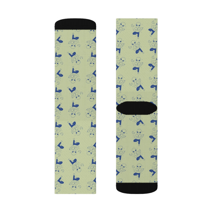 Cosmic Yoga Footwear: light olive green, blue small cartoon animal-like figures, cartoon patterned style
