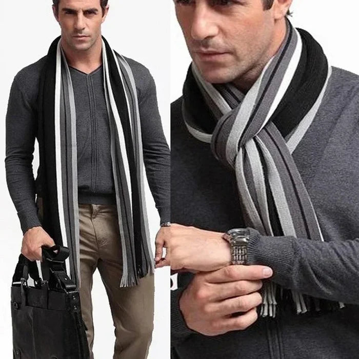Cozy and Comfortable Patterned Scarf: black, gray striped scarf, minimal style