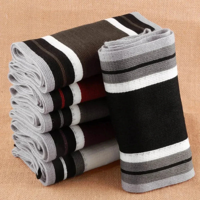 Cozy and Comfortable Patterned Scarf: black, gray striped scarf, minimal style