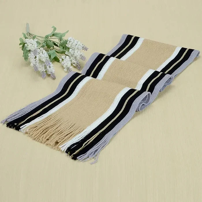 Cozy and Comfortable Patterned Scarf: black, gray striped scarf, minimal style