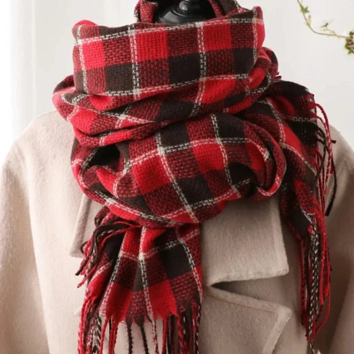 Cozy and Plaid Scarf: red, black scarf, classic plaid style