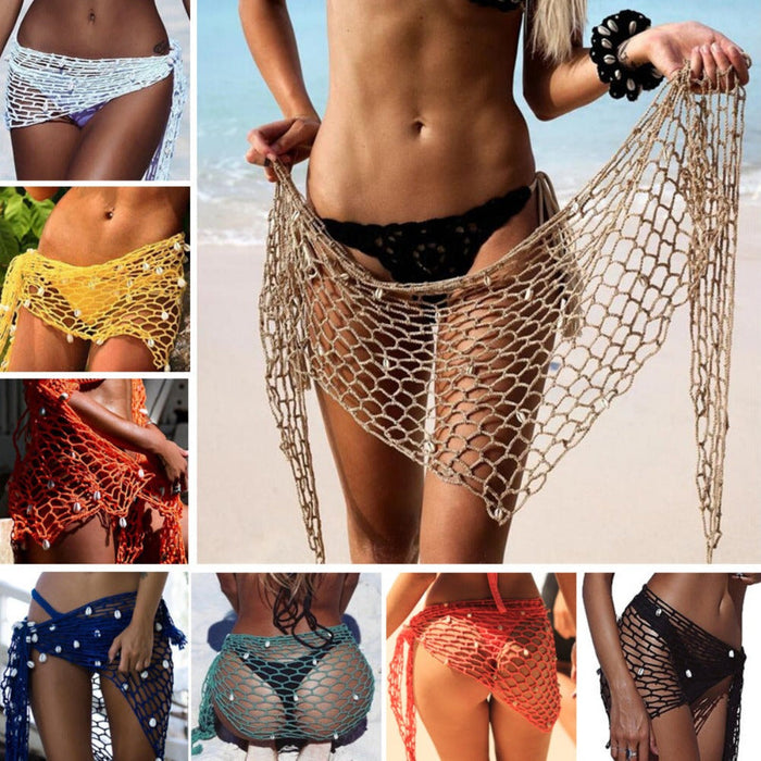 Crocheted Swimsuit Skirt Cover-up: beige, white netted swim cover-up wraps, beachwear, bohemian style