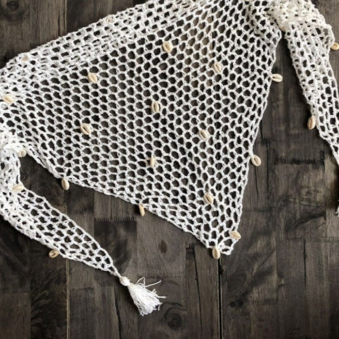 Crocheted Swimsuit Skirt Cover-up: beige, white netted swim cover-up wraps, beachwear, bohemian style