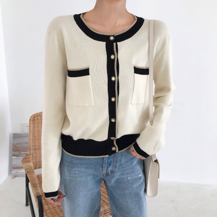 Cropped Two Tone Cardigan for Women: cream, black button-front cardigan, minimal classic style
