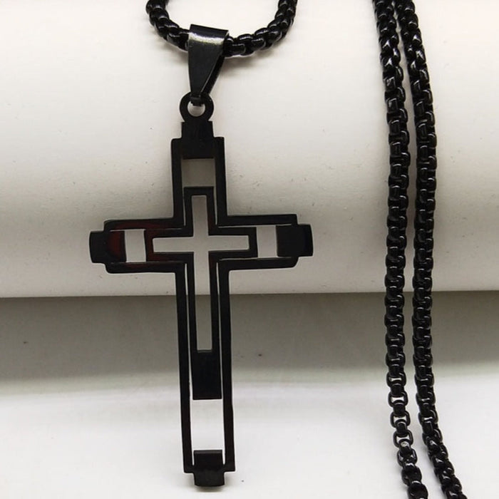 Cross Hollow Necklace: black, silver/gray cross, minimal style