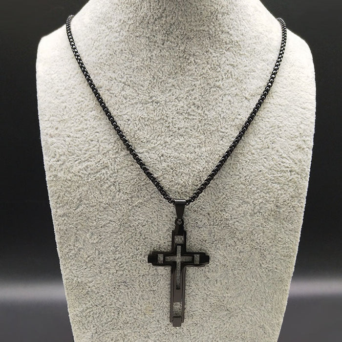 Cross Hollow Necklace: black, silver/gray cross, minimal style