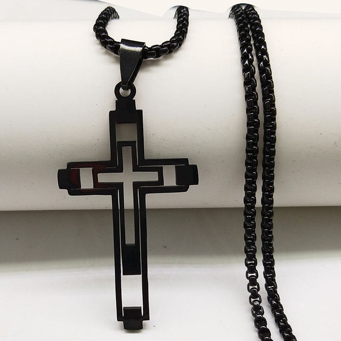 Cross Hollow Necklace: black, silver/gray cross, minimal style