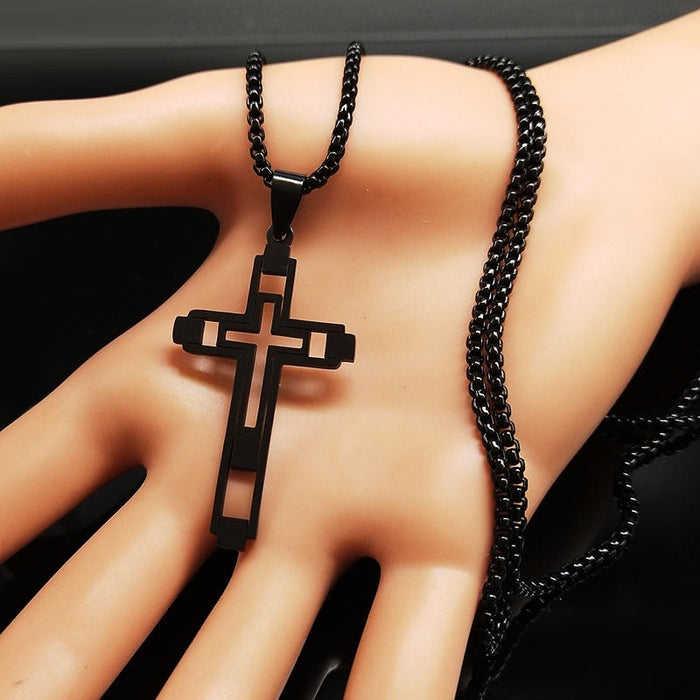 Cross Hollow Necklace: black, silver/gray cross, minimal style