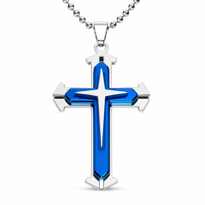Cross Pendant Necklace for Men in Stainless Steel Blue