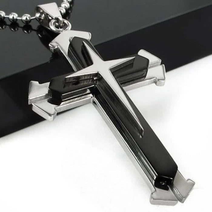 Cross Pendant Necklace for Men in Stainless Steel: blue, silver cross, minimal style