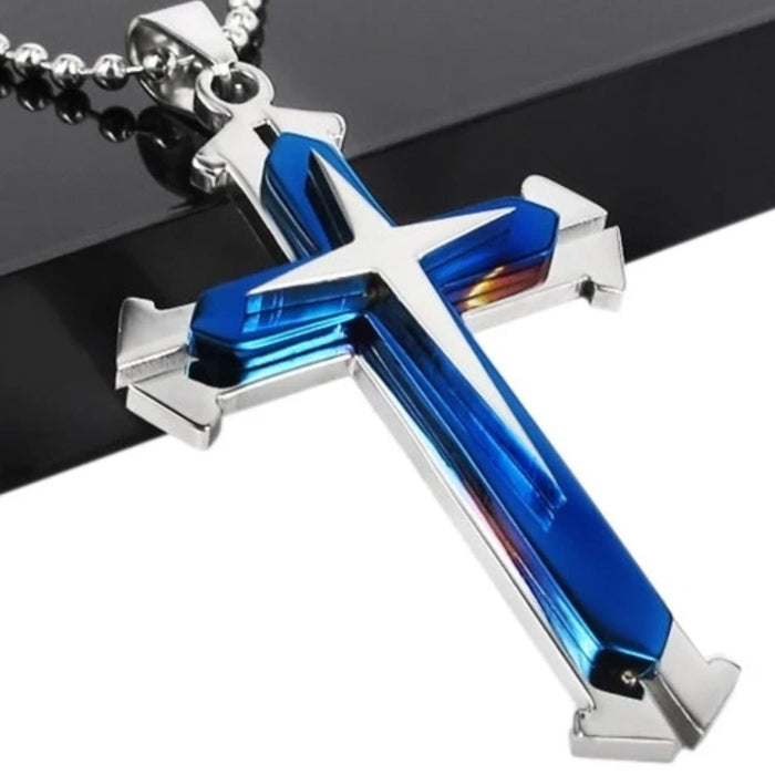 Cross Pendant Necklace for Men in Stainless Steel: blue, silver cross, minimal style