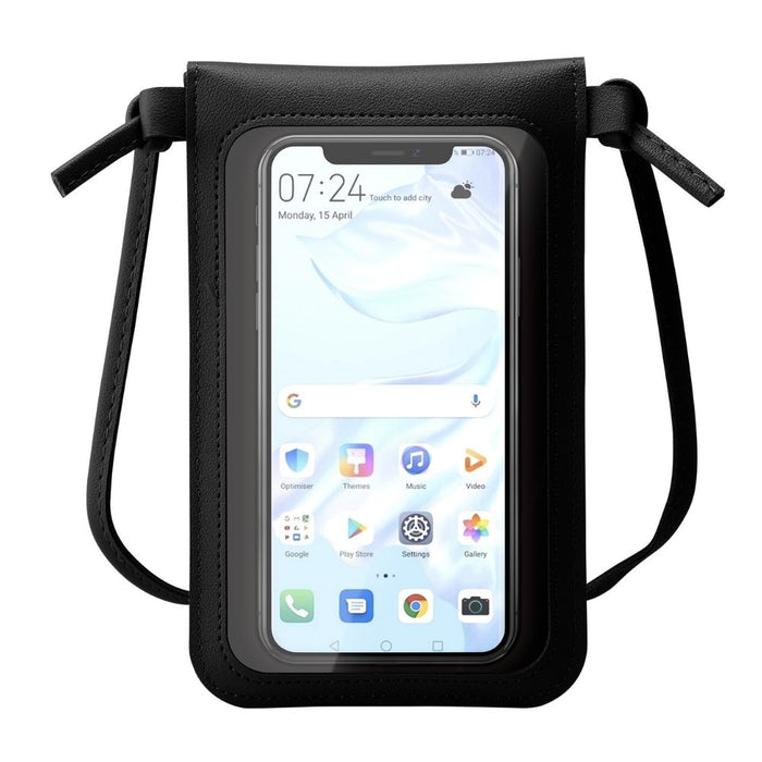 Crossbody Phone Wallet with Touch Screen and Hands-Free Design: black, clear crossbody phone pouch, minimal style