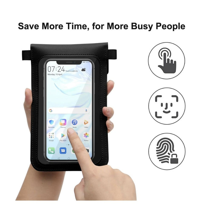 Crossbody Phone Wallet with Touch Screen and Hands-Free Design: black, clear crossbody phone pouch, minimal style