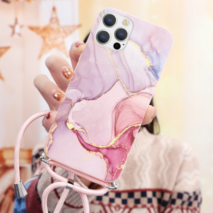 Crossbody Strap Marble Phone Case for iPhone with Painted Design: pink, lavender smartphone case with lanyard, decorative, fe