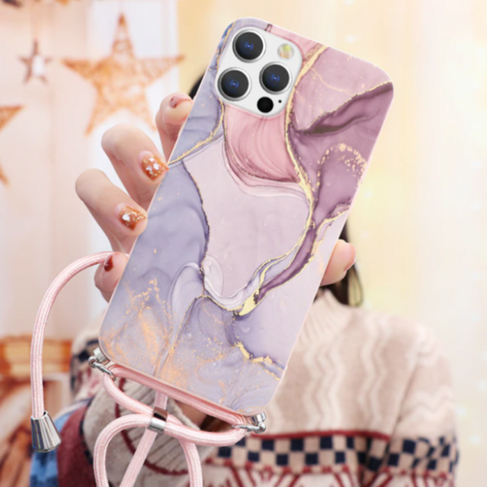 Crossbody Strap Marble Phone Case for iPhone with Painted Design: pink, lavender smartphone case with lanyard, decorative, fe
