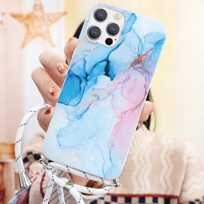 Crossbody Strap Marble Phone Case for iPhone with Painted Design: pink, lavender smartphone case with lanyard, decorative, fe