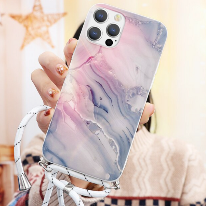 Crossbody Strap Marble Phone Case for iPhone with Painted Design: pink, lavender smartphone case with lanyard, decorative, fe