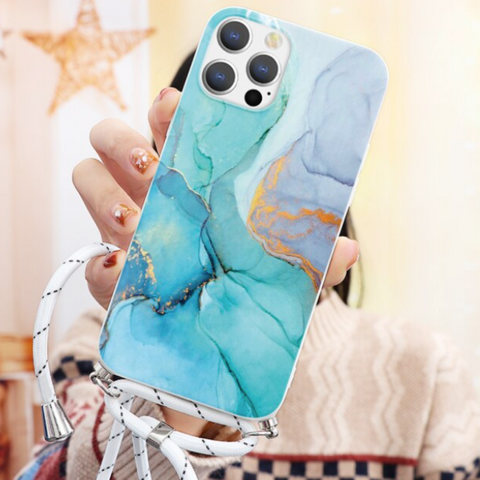 Crossbody Strap Marble Phone Case for iPhone with Painted Design: pink, lavender smartphone case with lanyard, decorative, fe