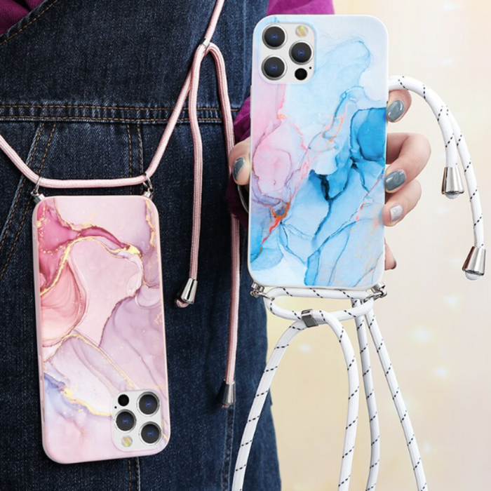 Crossbody Strap Marble Phone Case for iPhone with Painted Design: pink, lavender smartphone case with lanyard, decorative, fe