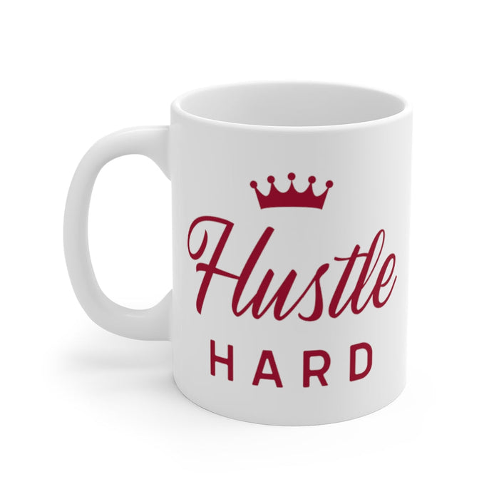 Crown Gift Hustle Mug: white, dark red motivational text design, minimal graphic style